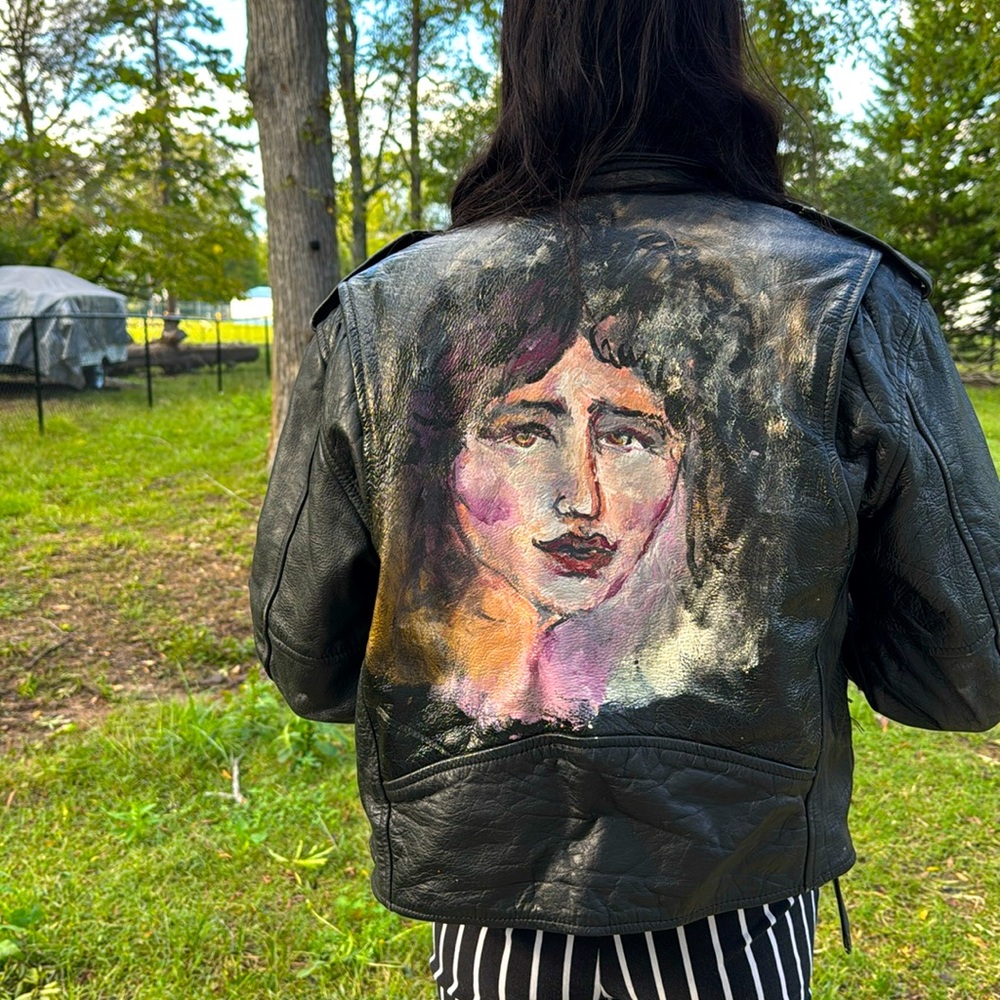 Vintage hand painted leather motorcycle jacket, Size 40